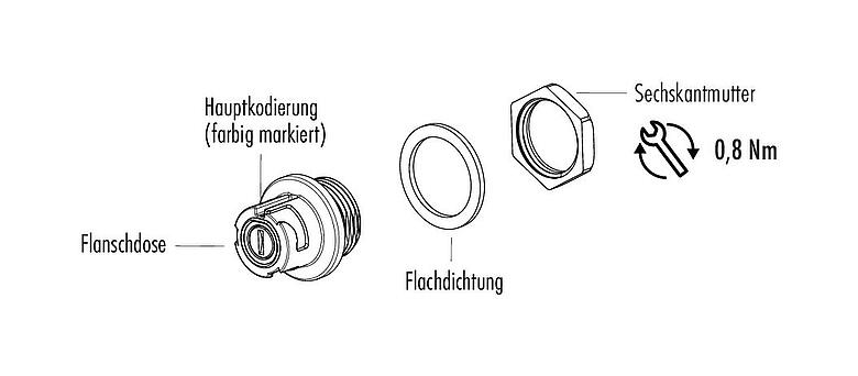 Einzelteildarstellung Bajonett Flanschdose, Polzahl: 5, ungeschirmt, löten, IP54 ungesteckt, M13x1,0, Frontmontage