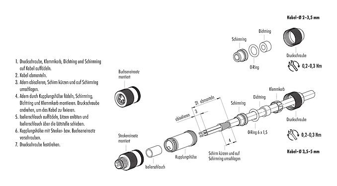 Montageanleitung M8 Kabeldose, Polzahl: 3, 2,0-3,5 mm, schirmbar, löten, IP67