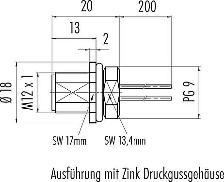 Maßzeichnung M12 Flanschstecker, Polzahl: 5, ungeschirmt, Litzen, IP68, UL 2238, PG 9, Frontmontage