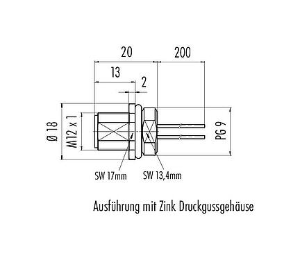 Maßzeichnung M12 Flanschstecker, Polzahl: 8, ungeschirmt, Litzen, IP68, UL 2238, PG 9, Frontmontage