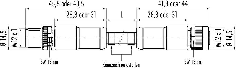 Maßzeichnung M12 Verbindungsleitung Kabelstecker - Kabeldose, Polzahl: 8, ungeschirmt, am Kabel angespritzt, IP67/IP69K, UL 2238, PUR, schwarz, 8 x 0,25 mm², 5 m
