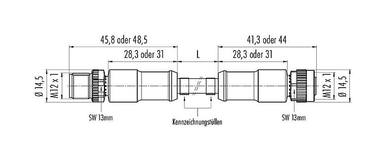 Maßzeichnung M12 Verbindungsleitung Kabelstecker - Kabeldose, Polzahl: 8, ungeschirmt, am Kabel angespritzt, IP67/IP69K, UL 2238, PUR, schwarz, 8 x 0,25 mm², 1 m