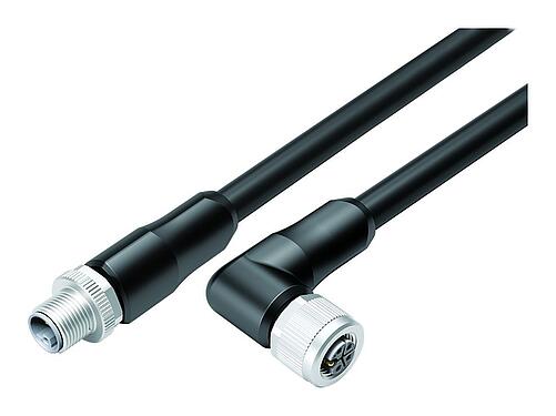 Иллюстрация M12 Кабельный штекер - угловая розетка, Количество полюсов: 4+FE, не экранированный, формовка на кабеле, IP68, UL 2238, PUR, черный, 5 x 1.50 мм², 5 м