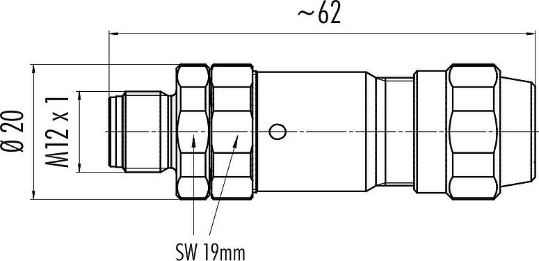 縮尺図 M12 オスコネクタケーブル, 極数: 4, 5.5-8.6mm, シールド可能, ねじ圧着, IP69K, UL 2238, ステンレススチール, シールドリング付き
