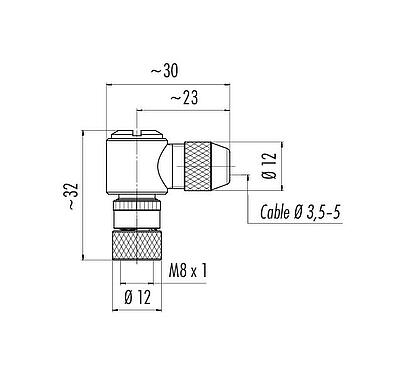 Scale drawing 99 3364 00 03 - M8 Female angled connector, Contacts: 3, 3.5-5.0 mm, shieldable, solder, IP67, UL