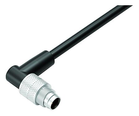Illustration M9 Male angled connector, Contacts: 3, unshielded, moulded on the cable, IP67, PUR, black, 3 x 0.25 mm², 2 m