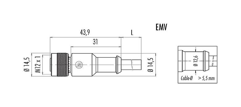 Scale drawing 77 3530 0000 20708-0200 - M12 Female cable connector, Contacts: 8, shielded, moulded on the cable, IP67, UL, PVC, grey, 8 x 0.25 mm², 2 m