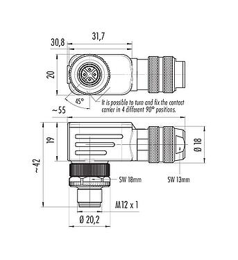 比例圖 99 1429 820 04 - M12 彎角針頭電纜連接器, : 4, 6.0-8.0mm, 可接遮罩, 螺釘接線, IP67, UL 2238