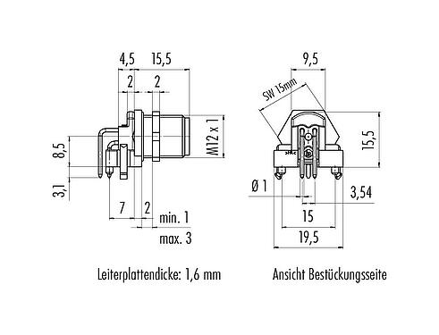 Maßzeichnung M12 Flanschstecker, gewinkelt, Polzahl: 4, schirmbar, THR, IP68, UL 2238, Rückwandmontage, für die Leiterplattenmontage