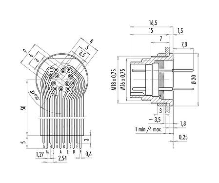 Verbinding & afmetingen 09 0331 65 12 - M16 Male panel mount connector, aantal polen: 12 (12-a), onafgeschermd, THT, IP40, Frontaansluiting