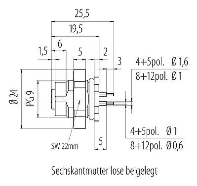 Maßzeichnung M12 Flanschdose, Polzahl: 4, ungeschirmt, THT, IP67, UL 2238, PG 9, Rückwandmontage