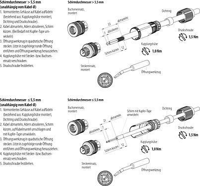 Montageanleitung M12 Kabelstecker, Polzahl: 5, 5,0-8,0 mm, schirmbar, Käfigzugfeder, IP67, Irisfeder