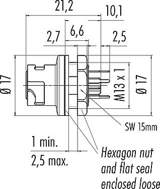 Schaaltekening Bajonet Female panel mount connector, aantal polen: 5, onafgeschermd, THT, IP54 losgekoppeld, M13x1,0, Frontaansluiting