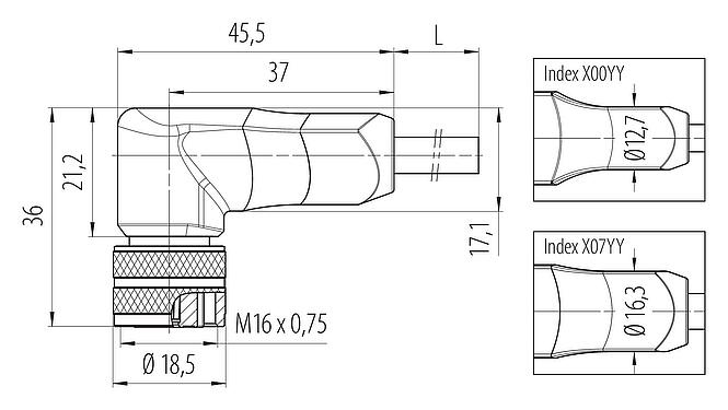 스케일 드로잉 M16 각진 소켓, 콘택트 렌즈: 7 (07-b), 쉴드, 케이블에 몰딩, IP67, PUR, 검정, 7x0.25mm², 5m