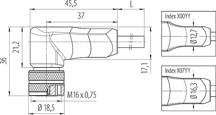 縮尺図 M16 メス アングルコネクタ, 極数: 8, シールド, モールドケーブル付き, IP67, PUR, 黒, 8x0.25mm², 5m