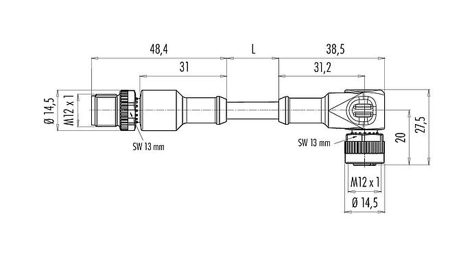 Disegno in scala 77 3634 3429 50003-0100 - M12/M12 Cavo di collegamento connettore cavo maschio - connettore angolare femmin con LED, Numero poli: 3, non schermato, stampato sul cavo, IP69K, PUR, nero, 3 x 0,34 mm², con  PNP a LED, 1 m