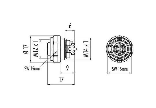 Scale drawing M12 Female panel mount connector, Contacts: 4, shieldable, SMT, IP67, M14x1.0, Front mounting