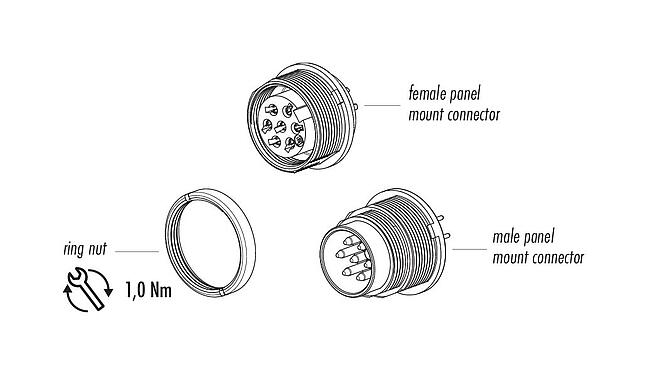 Component part drawing 09 0312 90 04 - M16 Female panel mount connector, Contacts: 4 (04-a), unshielded, THT, IP40, front fastened
