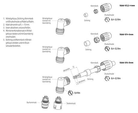 Montageanleitung Snap-In Winkelstecker, Polzahl: 8, 2,5-4,0 mm, ungeschirmt, löten, IP67