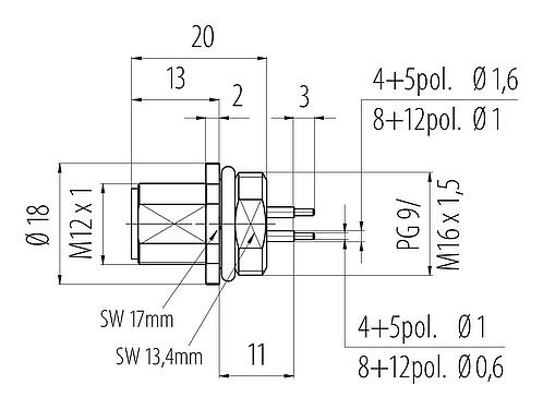 Dessin coté M12 Embase mâle, Contacts: 5, non blindé, THT, IP68, UL 2238, PG 9, Montage frontal