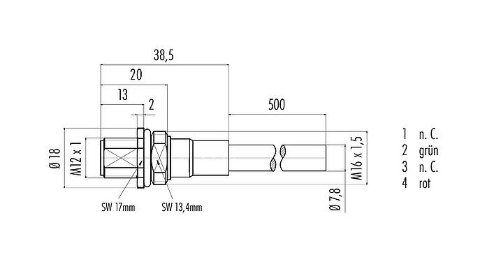 Maßzeichnung M12 Flanschstecker, Polzahl: 2, geschirmt, mit Kabel konfektioniert, IP68, M16x1,5, Profibus, PUR, violett, 1 x 2 x 0,25 mm², Frontmontage, 0,5 m