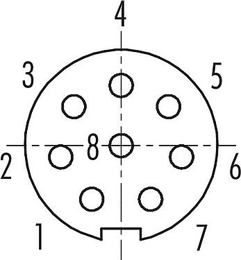 Disposición de los contactos (lado de la conexión) M9 Conector hembra en ángulo, Número de contactos: 8, 3,5-5,0 mm, blindable, soldadura, IP67