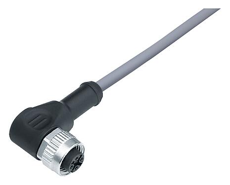 Ilustración M12 Conector hembra en ángulo, Número de contactos: 4, sin blindaje, moldeado en el cable, IP68/IP69K, UL 2238, PVC, gris, 4 x 0,34 mm², 5 m