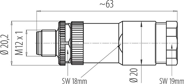 Skalritning M12 Duo-kabelplugg, antal poler: 4, 2.1-3.0 mm (2 Kabel) eller 4-5 mm ( 2 Kabel), oskärmad, skruvkläm, IP67, UL 2238