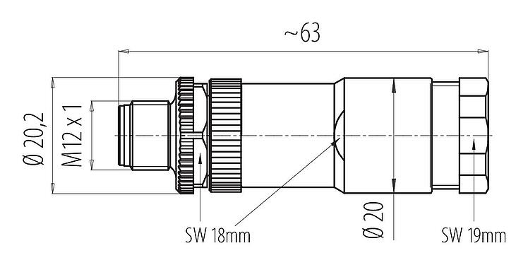 Méretarányos rajz M12 duo kábel csatlakozó, : 4, 2.1-3.0 mm (2 Kábel) lub 4-5 mm (2 Kábel), árnyékolatlan, csavaros bilincs, IP67, UL 2238