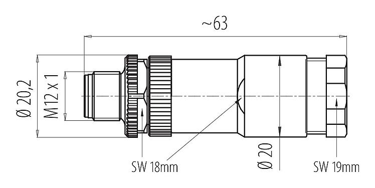 Scale drawing 99 0487 186 08 - M12 Male cable duo connector, Contacts: 8, 2x cable Ø Ø 2.1-3.0 mm or  Ø 4.0-5.0 mm, unshielded, screw clamp, IP67, UL