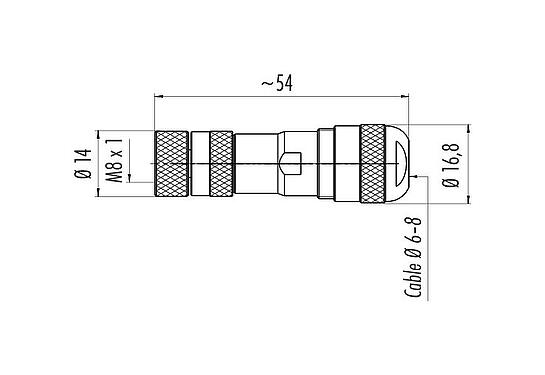 Scale drawing M8 Female cable connector, Contacts: 4, 6.0-8.0 mm, shieldable, screw clamp, IP67, UL 2238, with shielding ring