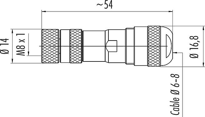 Scale drawing M8 Female cable connector, Contacts: 3, 6.0-8.0 mm, shieldable, screw clamp, IP67, UL 2238, with shielding ring