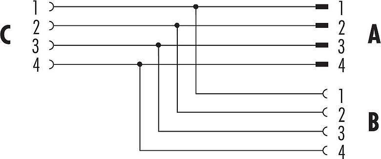 Pin assignment plans M12 Twin distributors, T-distributor, male connector - 2 female connector, Contacts: 4, unshielded, pluggable, IP68, UL 2238