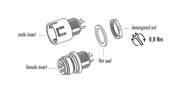 Mô tả chi tiết Snap-In Phích cắm gắn bảng, Số lượng cực : 3, không có chống nhiễu, THT, IP67, M12x1,0, Gắn phía trước