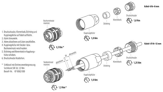 Montageanleitung 7/8" Kabeldose, Polzahl: 2+PE, 10,0-12,0 mm, ungeschirmt, schraubklemm, IP67, UL 2238, VDE