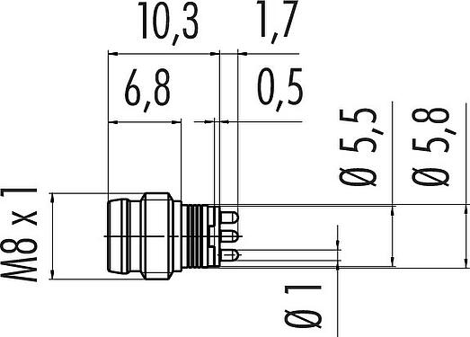 Maßzeichnung M8 Einbaustecker, Polzahl: 3, ungeschirmt, THT, IP67, Frontmontage