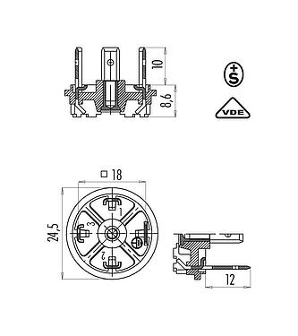Dibujo a escala Conector de alimentación macho, Número de contactos: 2+PE, sin blindaje, soldadura, IP40 sin junta, VDE, ESTI+