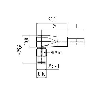 Dessin coté M8 Connecteur mâle coudé, Contacts: 8, non blindé, surmoulé sur le câble, IP67/IP69K, UL 2238, PUR, noir, 8 x 0,25 mm², Acier inoxydable, 5 m