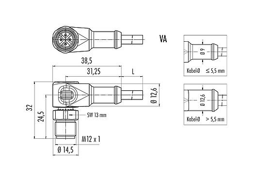 Maßzeichnung M12 Winkelstecker, Polzahl: 8, ungeschirmt, am Kabel angespritzt, IP67/IP69K, UL 2238, PUR, schwarz, 8 x 0,25 mm², Edelstahl, 2 m