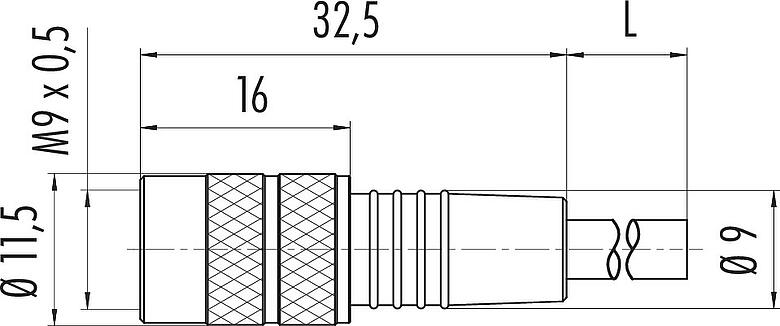 Dessin coté M9 Connecteur femelle, Contacts: 3, non blindé, surmoulé sur le câble, IP67, PUR, noir, 3 x 0,25 mm², 5 m
