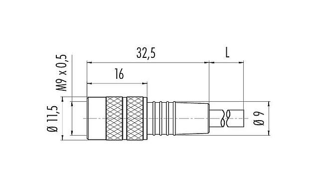 Dibujo a escala M9 Conector de cable hembra, Número de contactos: 8, sin blindaje, moldeado en el cable, IP67, PUR, negro, 8 x 0,14 mm², 2 m