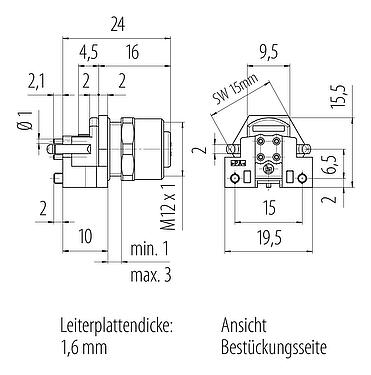Maßzeichnung M12 Flanschdose, Polzahl: 4, ungeschirmt, THR, IP67, UL 2238, M12x1,0, Rückwandmontage