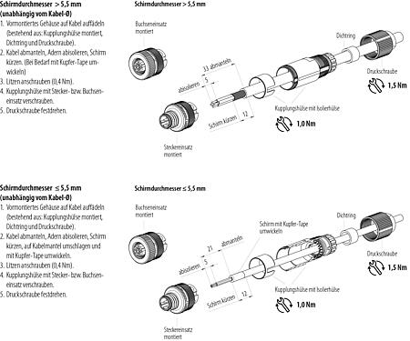Montageanleitung M12 Kabeldose, Polzahl: 4, 5,0-8,0 mm, schirmbar, schraubklemm, IP67, UL 2238, Irisfeder
