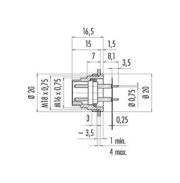 縮尺図 M16 オスパネルマウントコネクタ, 極数: 7 (07-a), 非シールド, THT, IP40, M18x0,75, 背面パネルマウント, モールド成形