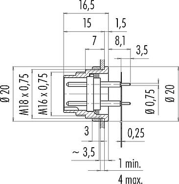 Scale drawing M16 Male panel mount connector, Contacts: 7 (07-a), unshielded, THT, IP40, M18x0,75, Rear mounting, potted