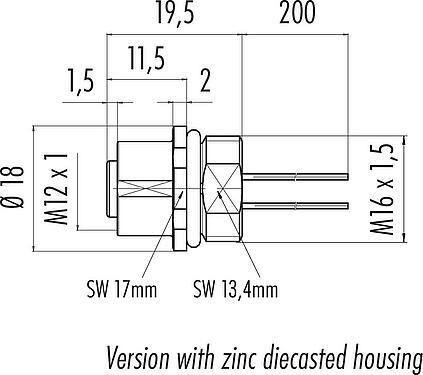 Scale drawing M12 Female panel mount connector, Contacts: 12, unshielded, single wires, IP68, UL 2238, M16x1.5, Front mounting, potted