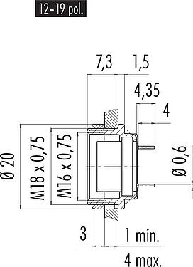 Disegno in scala M16 Connettore femmina a flangia, Numero poli: 16, non schermato, THT, IP40, M18x0,75, Montaggio su panello posteriore