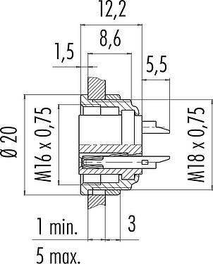 스케일 드로잉 M16 플랜지 리셉터클, 콘택트 렌즈: 6 (06-a), 차폐되지 않음, 솔더, IP40, M18x0,75, 전면 마운팅