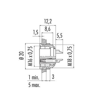 縮尺図 M16 メスパネルマウントコネクタ, 極数: 7 (07-b), 非シールド, はんだ, IP40, M18x0,75, フロントマウント