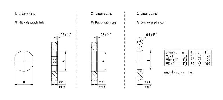 Montageanleitung / Montageausschnitt M8 Flanschstecker, Polzahl: 4, geschirmt, mit Kabel konfektioniert, IP67, M8x1,0, Ethernet, PUR, grün, 4 x AWG 22, Rückwandmontage, vergossen, 0,5 m